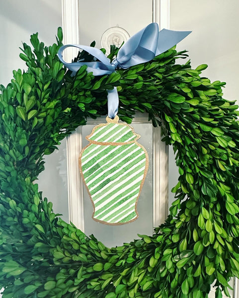 Handmade Ginger Jar Door hanger - Green Stripe - 8”