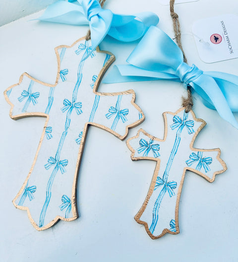 Blue Bow Large Cross Ornaments 7”