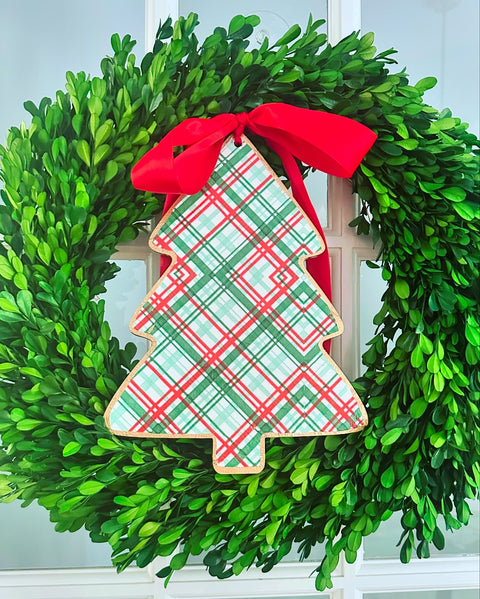 Handmade Christmas Door Hanger - Christmas Plaid Tree 12”