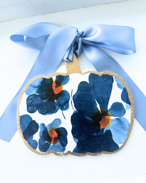 Handmade Pumpkin Door Hanger Blue Poppies 8”