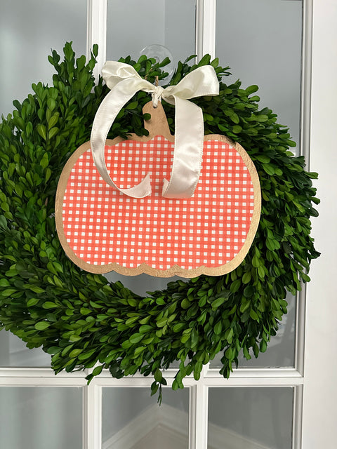 Handmade Pumpkin Door Hanger - Orange Gingham 12”