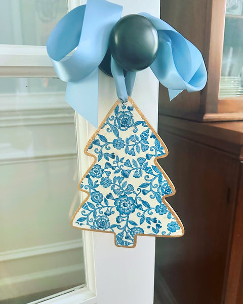 Handmade Christmas Door Hanger - Blue Flowers Tree 8”