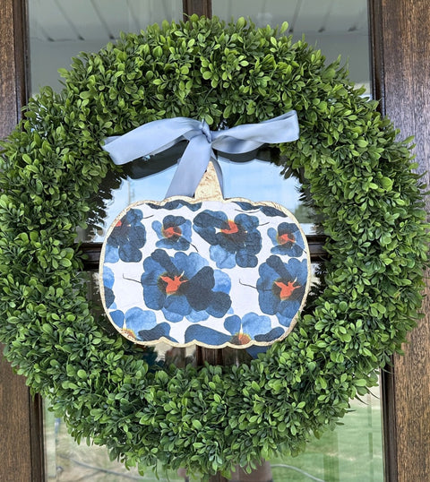 Handmade Pumpkin Door Hanger Blue Poppies 12”
