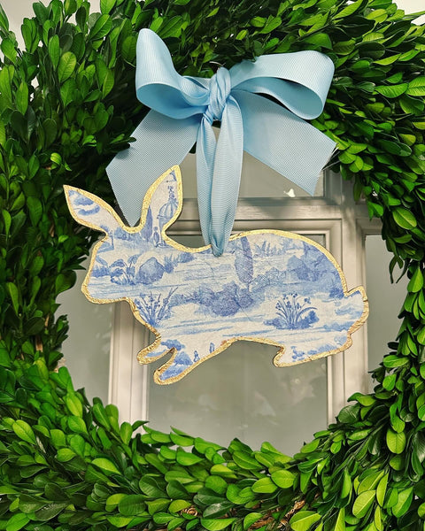 Blue Toile Handmade Bunny Door Hanger - 12”