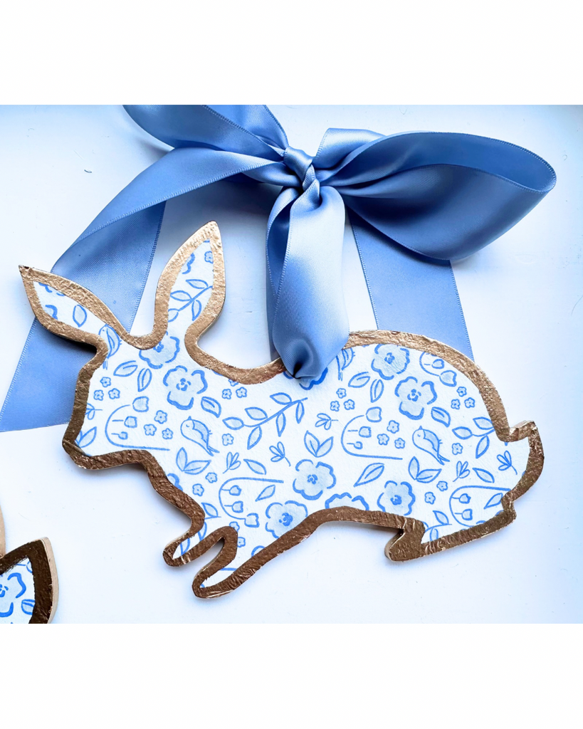 Blue Floral Handmade Bunny Door Hanger - 8”
